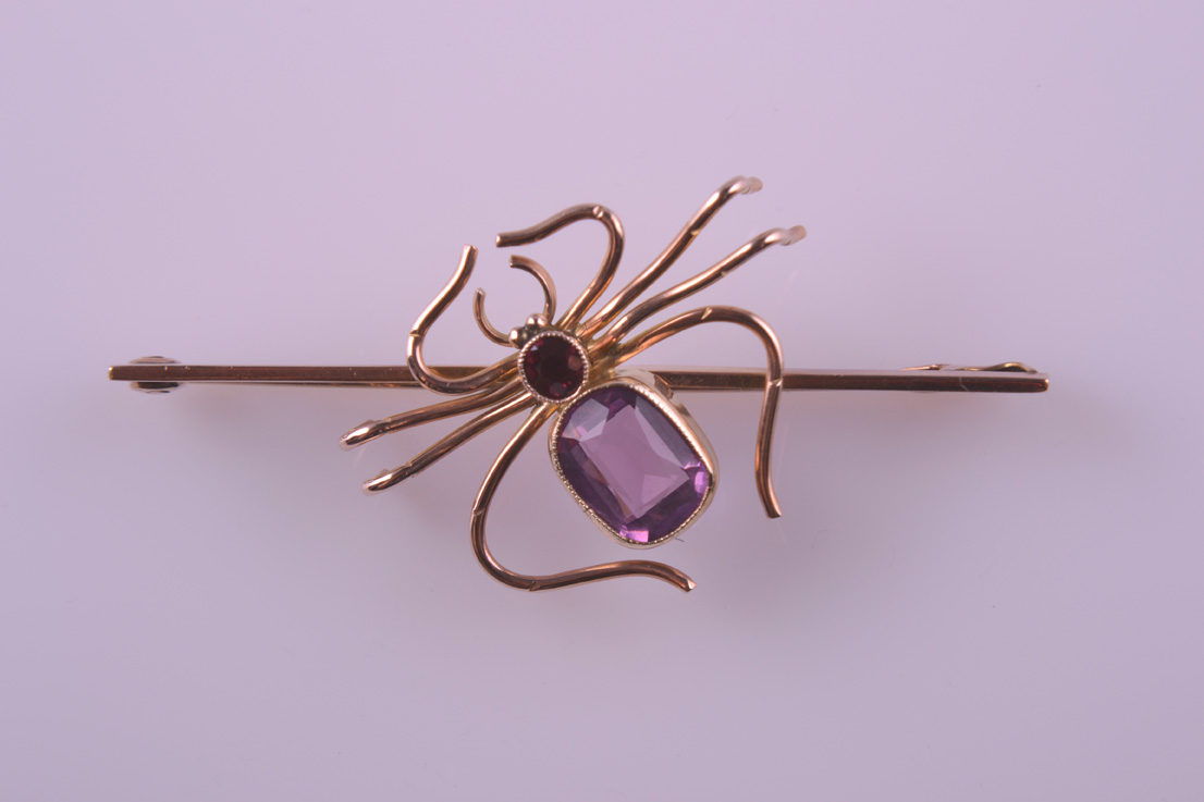 Gold Spider Brooch With Amethyst And Garnet