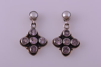 Silver Stud Earrings With Amethysts And Pearls