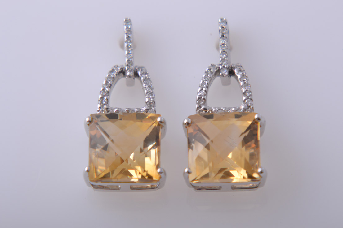 Gold Stud Earrings With Citrine And Diamonds