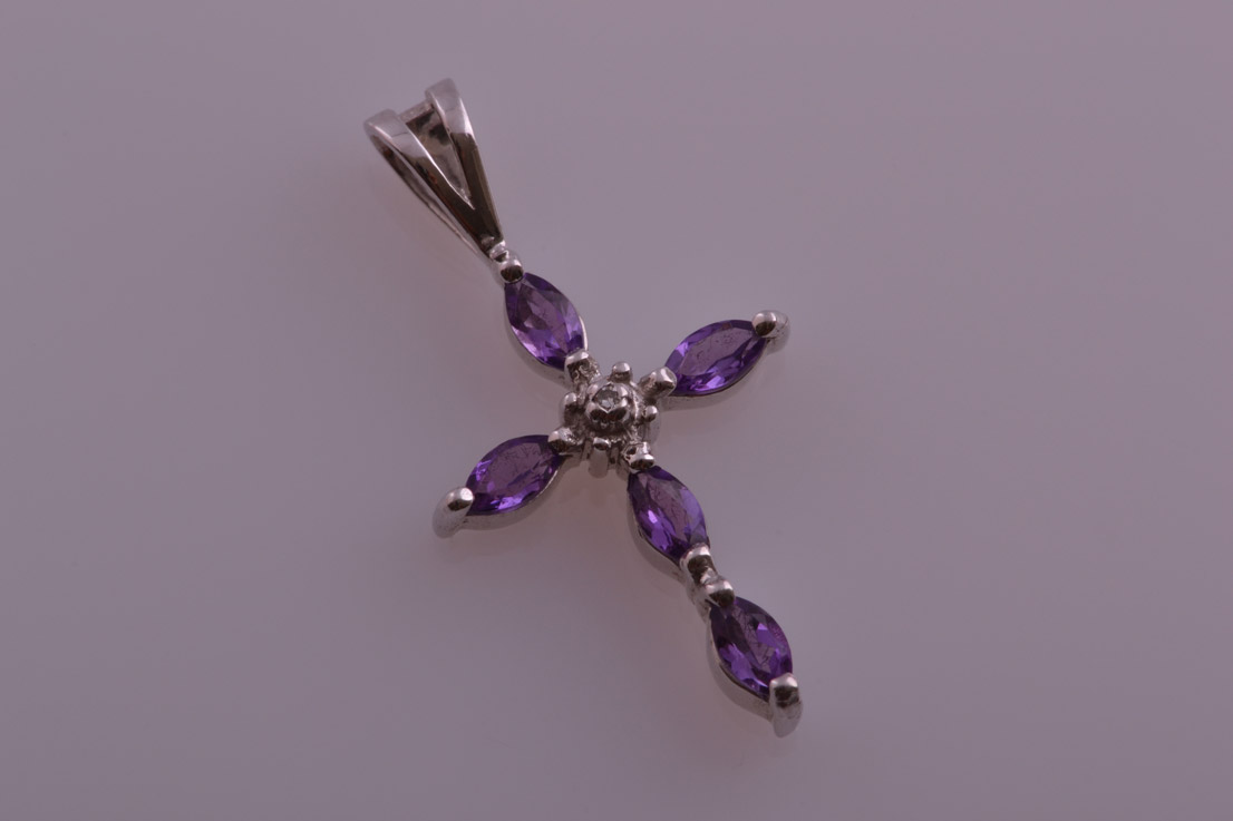 Modern Gold Cross With Amethysts And A Diamond