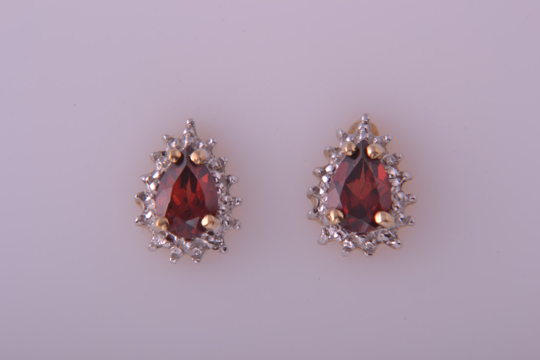 Gold Stud Earrings With Garnets And Diamonds