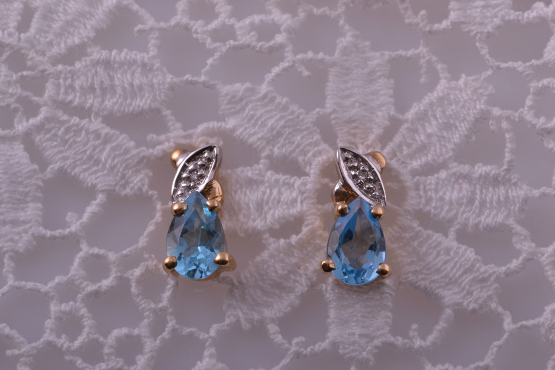 Gold Stud Earrings With Blue Topaz And Diamonds