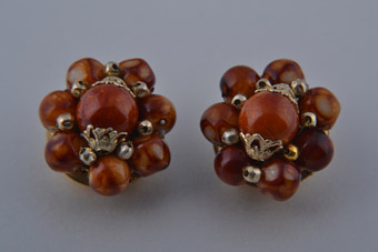 1960's Clip On Earrings With Rich Tawny Beads