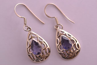 Silver Modern Drop Hook Earrings With Iolite