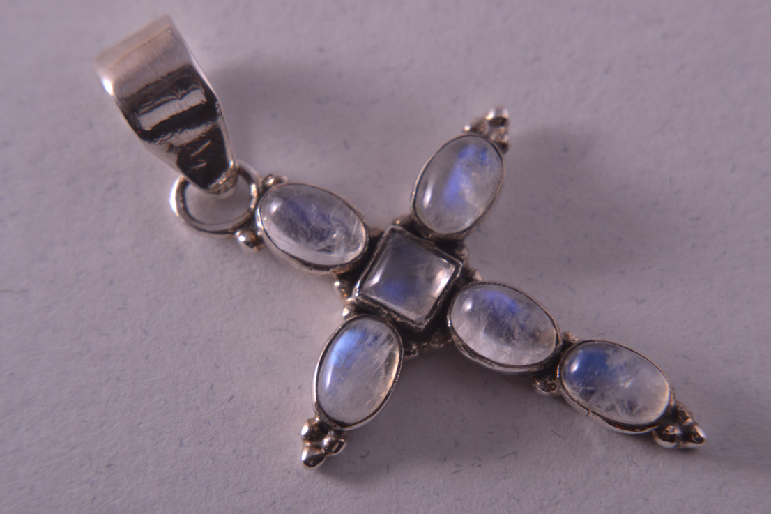 Silver Modern Cross With Moonstones