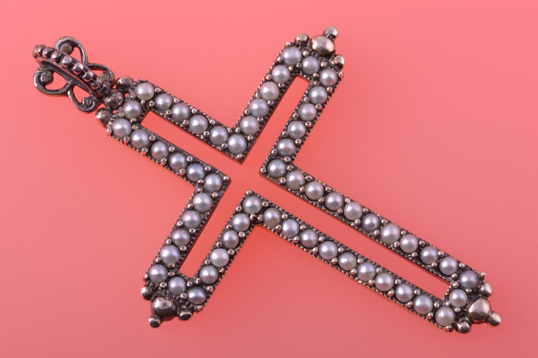 Silver Modern Cross With Seed Pearls