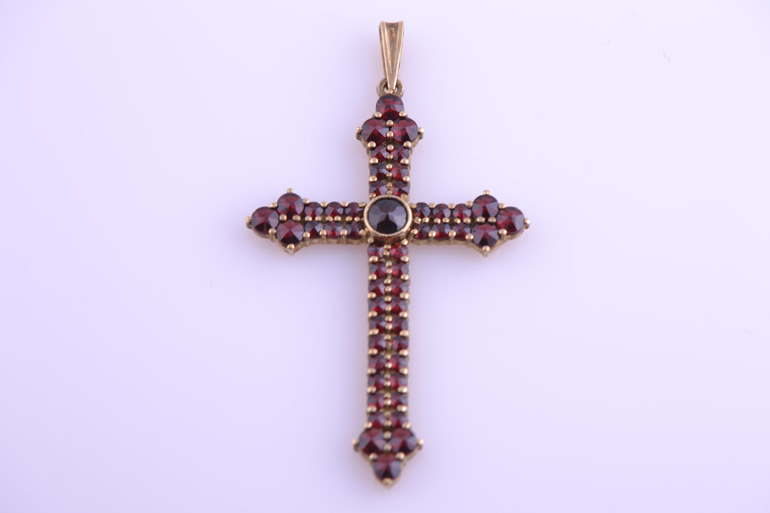 Silver Gilt Modern Latin Cross With Garnets