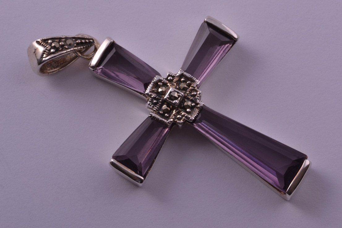 Silver Modern Cross With Marcasite And Glass