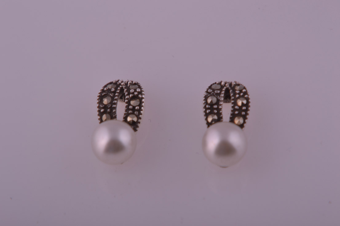 Silver Earrings With Marcasite And Faux Pearls